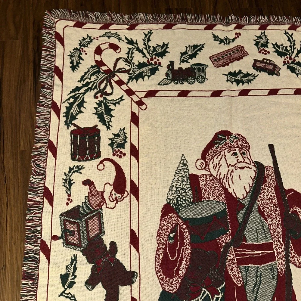 Christmas Holiday Reversible Throw Blanket Woven Tapestry Santa Claus 48x72 VTG